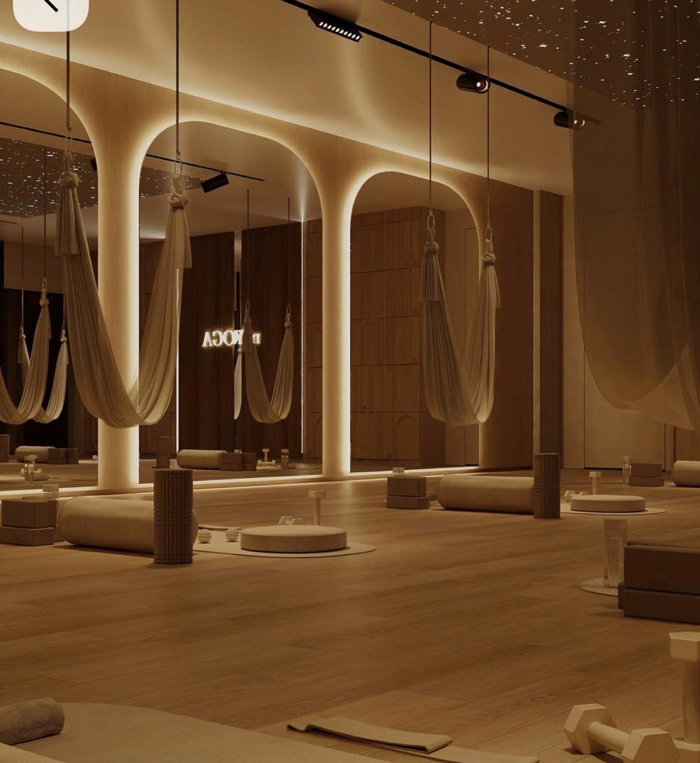 Aerial yoga silk hammocks at QVee Wellness, Dubai