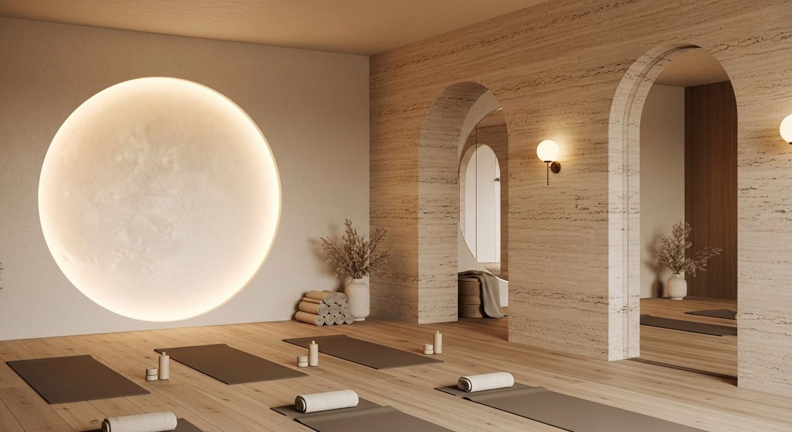 Mat Pilates studio with warm lighting at QVee Wellness