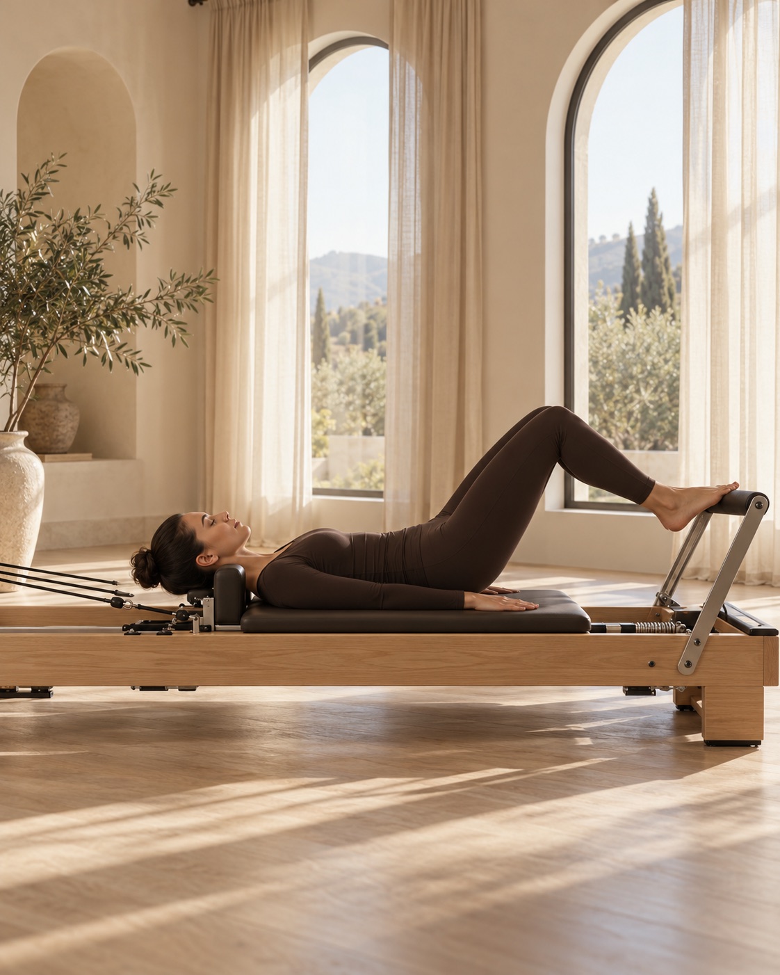 Woman practicing footwork on a Pilates reformer