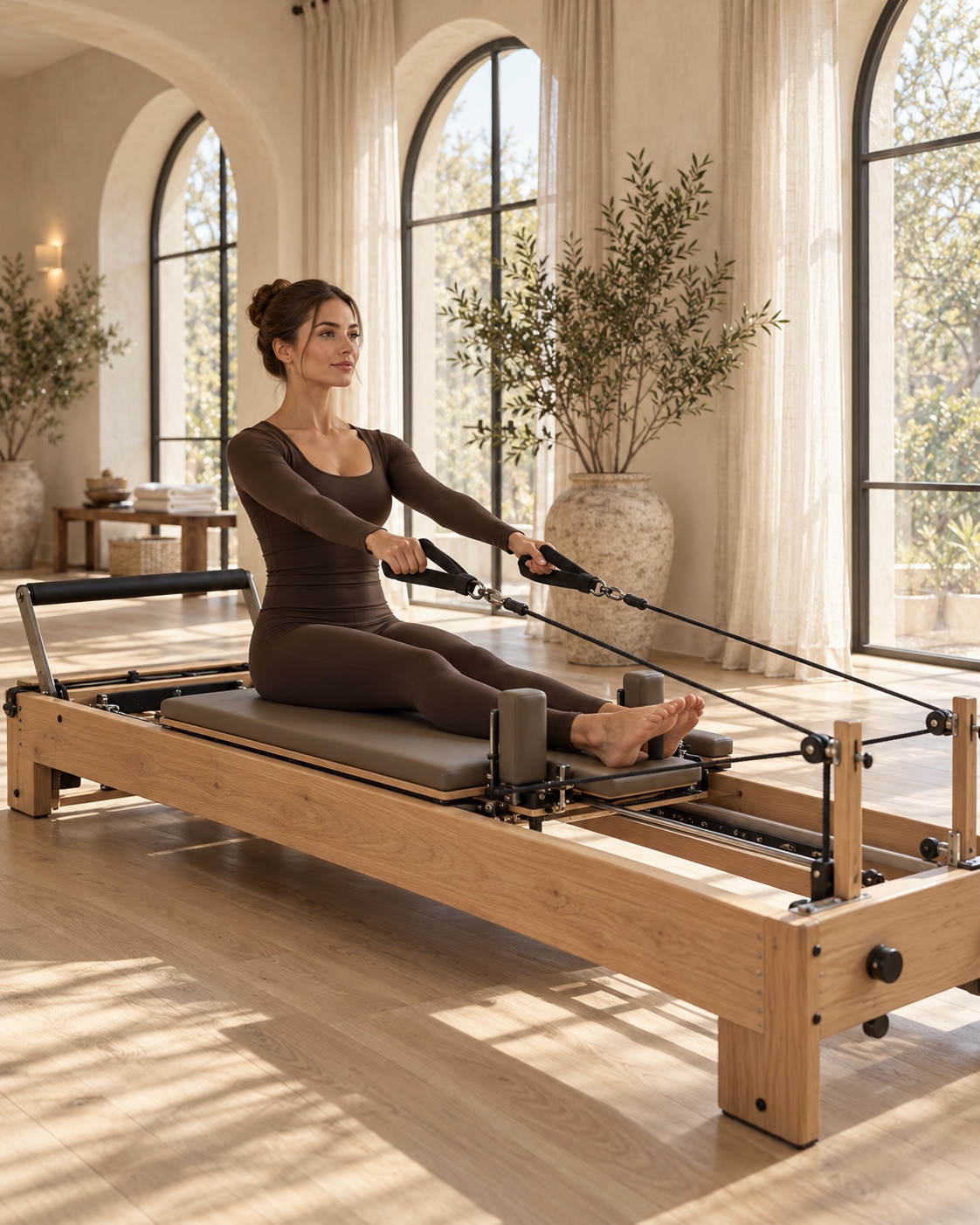 Woman practicing seated rowing on a wooden Pilates reformer in a sunlit studio